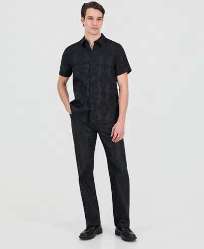 Guess Men's Lion Peony Jacquard Short-sleeve Button-front Shirt In Black