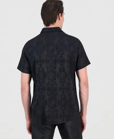 Guess Men's Lion Peony Jacquard Short-sleeve Button-front Shirt In Black