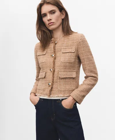 Mango Tweed Jacket With Frayed Ends Medium Brown In Brown