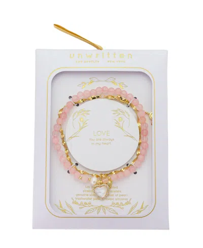 Unwritten Fresh Water Pearl And Rose Quartz 4mm Beads Mother Of Pearl Stone Cubic Zirconia Heart Plain Heart T In Gold