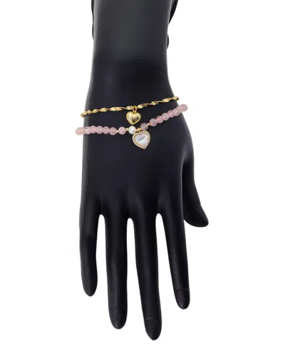 Unwritten Fresh Water Pearl And Rose Quartz 4mm Beads Mother Of Pearl Stone Cubic Zirconia Heart Plain Heart T In Gold