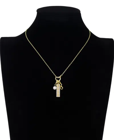 Unwritten Faith" Cubic Zirconia Bar, Glass Pearl, Infinity Double Heart Carabiner Charm Holder Necklace In Gold