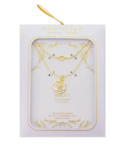 Unwritten Mother Of Pearl Inlay Flower Rose Paperclip Chain Layered Necklace With Extender In Gold