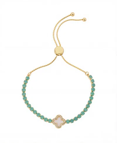 Unwritten Mother Of Pearl Inlay Crystal Flower Multi Green Crystal Bolo Bracelet In Gold