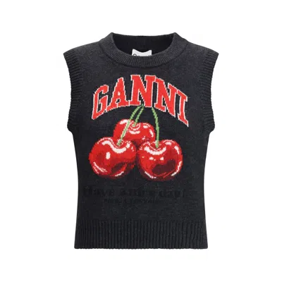 Ganni Sleeveless Intarsia Knit Crew Neck Top In Black