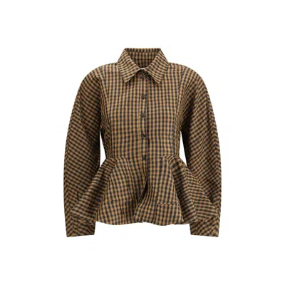 Ganni Crinkled Taffeta Blouse Peplum Check Design In Brown