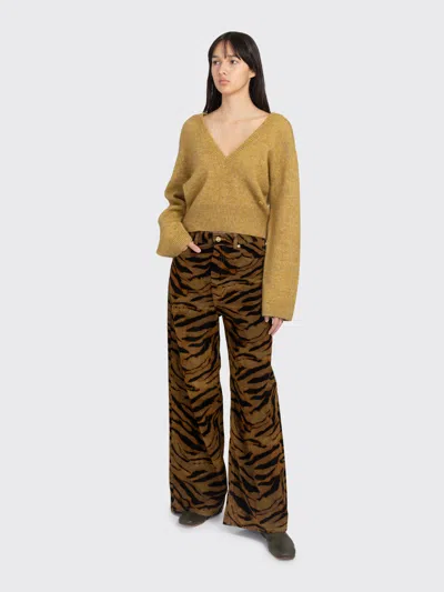 Ganni Zebra-print Cotton-blend Velveteen Wide-leg Pants In Brown