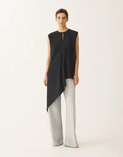 Fabiana Filippi Asymmetrical Top In Midnight Blue Crepe De Chine In Animal Print