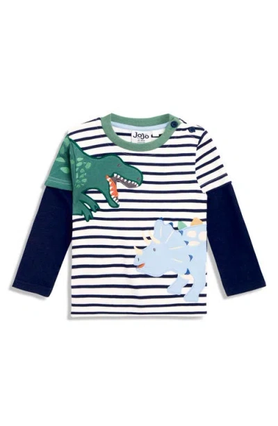 Jojo Maman Bébé Jojo Maman Bebe Kids' Stripe Appliqué Dinosaur Layered Look Long Sleeve Cotton T-shirt In Multi