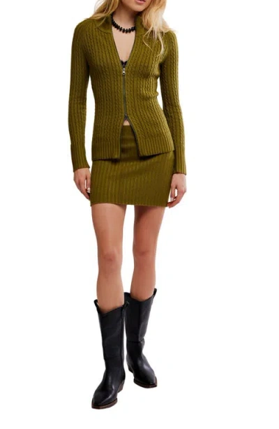 Free People Eliza Cable Zip-up Cardigan & Rib Miniskirt Set In Green