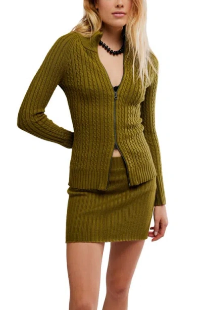 Free People Eliza Cable Zip-up Cardigan & Rib Miniskirt Set In Green