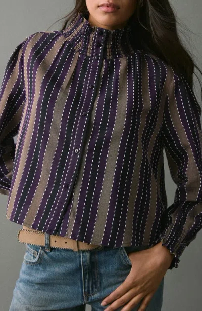Mango Teen Embroidered Stripe Long Sleeve Button-up Shirt In Multi