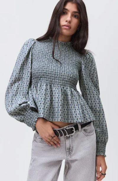Mango Teen Smocked Floral Peplum Top In Gray
