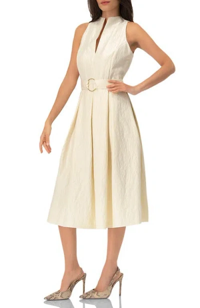 Ivonne Textured Midi Dress With Belted Waist In Neutral