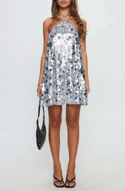 Princess Polly Fluorescents Sequin & Paillette Halter Minidress In Silver