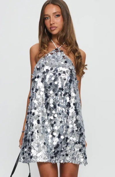 Princess Polly Fluorescents Sequin & Paillette Halter Minidress In Silver