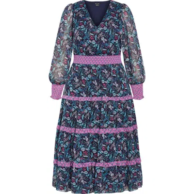 City Chic Ailani Floral Tiered Midi Dress In Blue