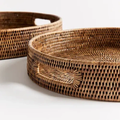Napa Home & Garden Burma Rattan Round Ottoman Decorative Trays Small Set Of 2 In Brown