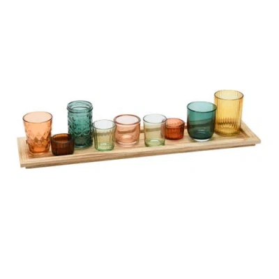 Storied Home Round Glass Votive Holders On Wood Tray, Multicolor, Set Of 9 In Multi