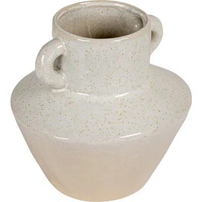 Storied Home Round Stoneware Vase With Reactive Glaze Finish And Vertical Handles, Light Grey In Neutral