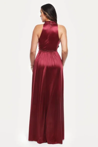 Popilush Draped High Neck Sculpting Floral-print Maxi Dress In Red