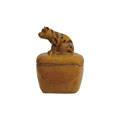 Storied Home Stoneware Jar With Tiger Handle And Lid With Reactive Glaze, Orange In Brown
