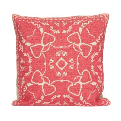 Storied Home Cotton Pillow With Embroidered Design And Chambray Back, Pink And Natural In Pink