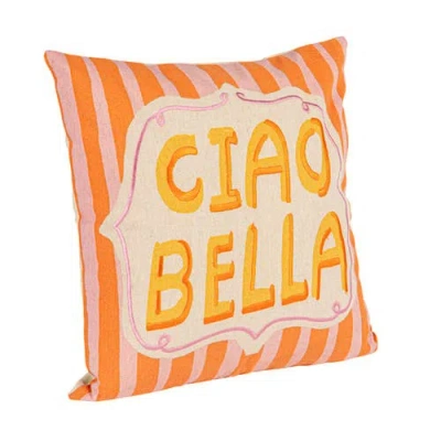Storied Home "ciao Bella" Cotton And Linen Printed Pillow, Multicolor In Pink