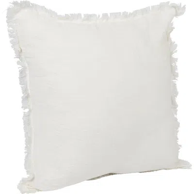 Storied Home Square Stonewashed Linen Pillow With Fringe, Ivory In White