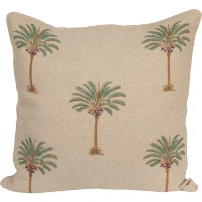 Storied Home Cotton Linen Blend Block Printed Pillow With Palm Trees, Natural, Green And Brown In Brown