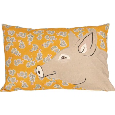 Storied Home Cotton Blend Printed Pillow With Pig Image And Embroidery, Multi Color In Yellow