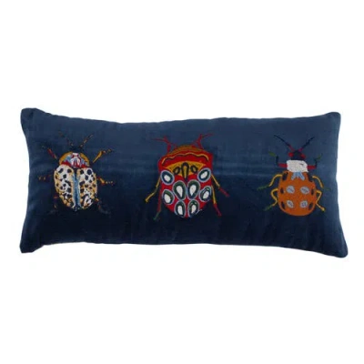 Storied Home Cotton Velvet Embroidered Lumbar Pillow With Beetles And Chambray Back, Multicolor In Blue