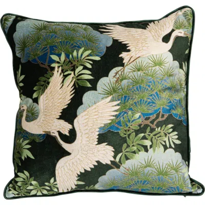 Storied Home Cotton Blend Velvet Printed Pillow With Cranes And Piping, Multicolor In Green