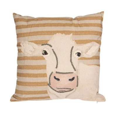 Storied Home Cotton Blend Printed Pillow With Cow Image And Embroidery, Multi Color In Brown