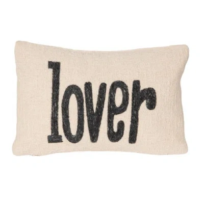 Storied Home Woven Cotton Embroidered Lumbar Pillow "lover", Cream Color And Grey Melange In Neutral