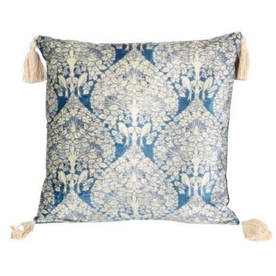 Storied Home Cotton Blend Velvet Printed Pillow With Pattern And Tassels, Blue And Cream Color In Blue