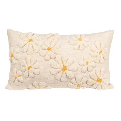 Storied Home Cotton Slub Lumbar Pillow With Tufted Flowers, Natural And Yellow In Neutral