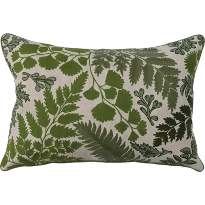 Storied Home Cotton Embroidered Lumbar Pillow With Botanical Prints, Green And Natural In Green