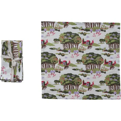 Storied Home 4-piece Cotton Printed Napkins With Farm, Trees And Animals, Multicolor In White