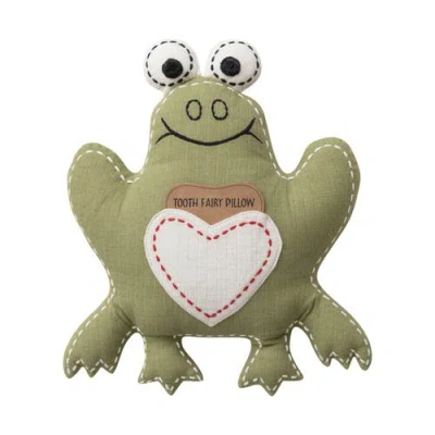 Storied Home Cotton Double Cloth Frog Tooth Fairy Pillow With Hand-embroidery, Green And Natural In Green