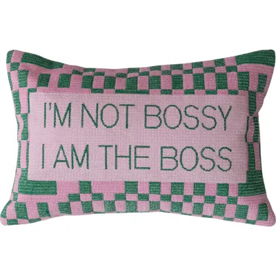 Storied Home Cotton Velvet Embroidered Lumbar Pillow With Check Pattern "i'm Not Bossy...", Pink And In Pink