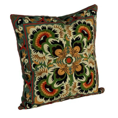 Storied Home Square Cotton Embroidered Pillow With Design, Multi Color In Green