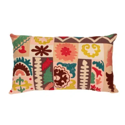 Storied Home Cotton Embroidered Patchwork Lumbar Pillow With Chambray Back, Multicolor In Multi