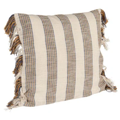 Storied Home Stripe Cotton Pillow With Fringe, Grey In Gray