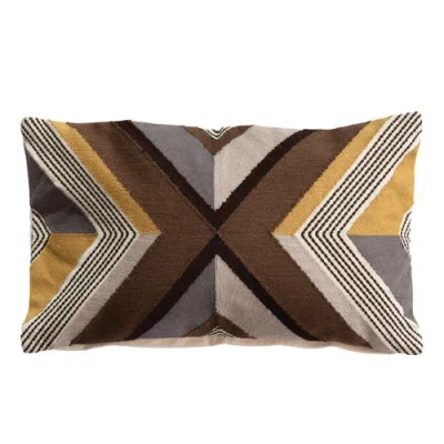 Storied Home Cotton Embroidered Lumbar Pillow With Line Design, Multicolor In Brown