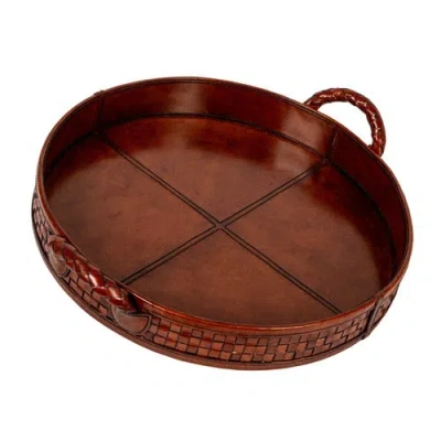 Storied Home Decorative Reclaimed Wood And Woven Leather Tray With Handles, Cognac Color In Brown