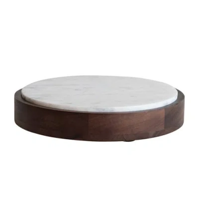 Storied Home Mango Wood And Marble Food Pedestal With Removable Marble Tray, Walnut Finish, White In Brown