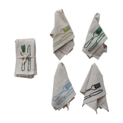 Storied Home 4-piece Square Cotton And Linen Embroidered Napkins With Utensils, Natural In White