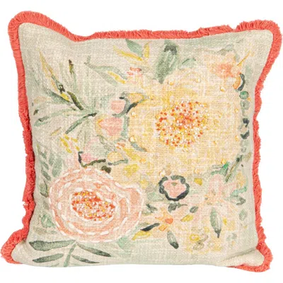 Storied Home Cotton Slub Pillow With Flowers, Embroidery And Eyelash Fringe, Multi Color In White