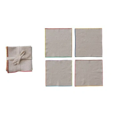 Storied Home 4-piece Large Woven Cotton Cocktail Napkins With Stitched Colored Trim, Multicolor In Brown